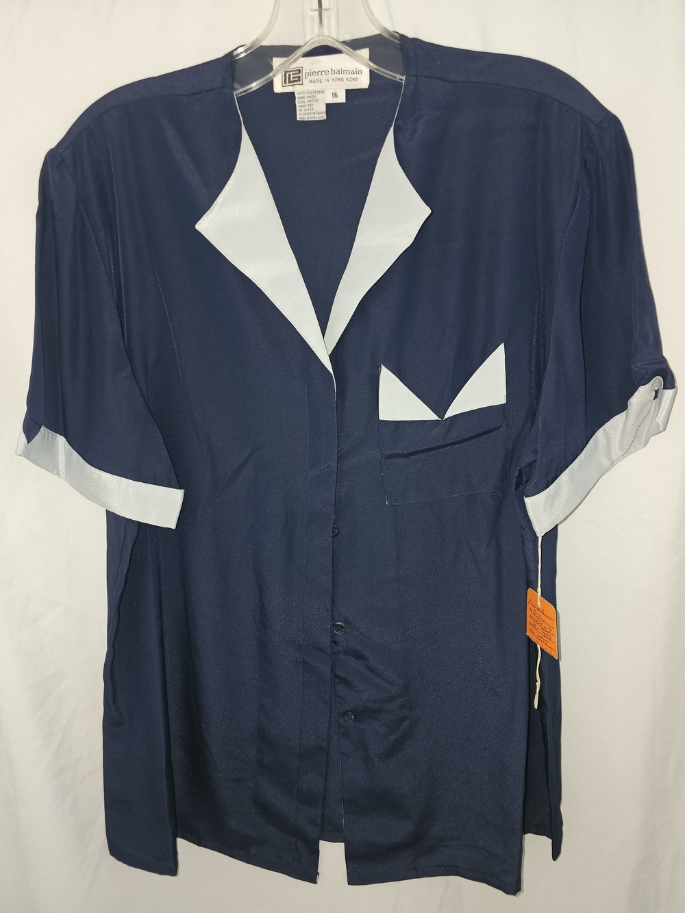 Pierre Balmain Navy Blue Short-Sleeve Button-Down Shirt with Light Blue Trim